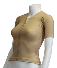 A beige short-sleeve compression vest with a front zipper, displayed on a white mannequin torso against a white background.
