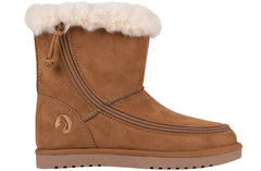 Brown suede boot with white fur lining on a white background