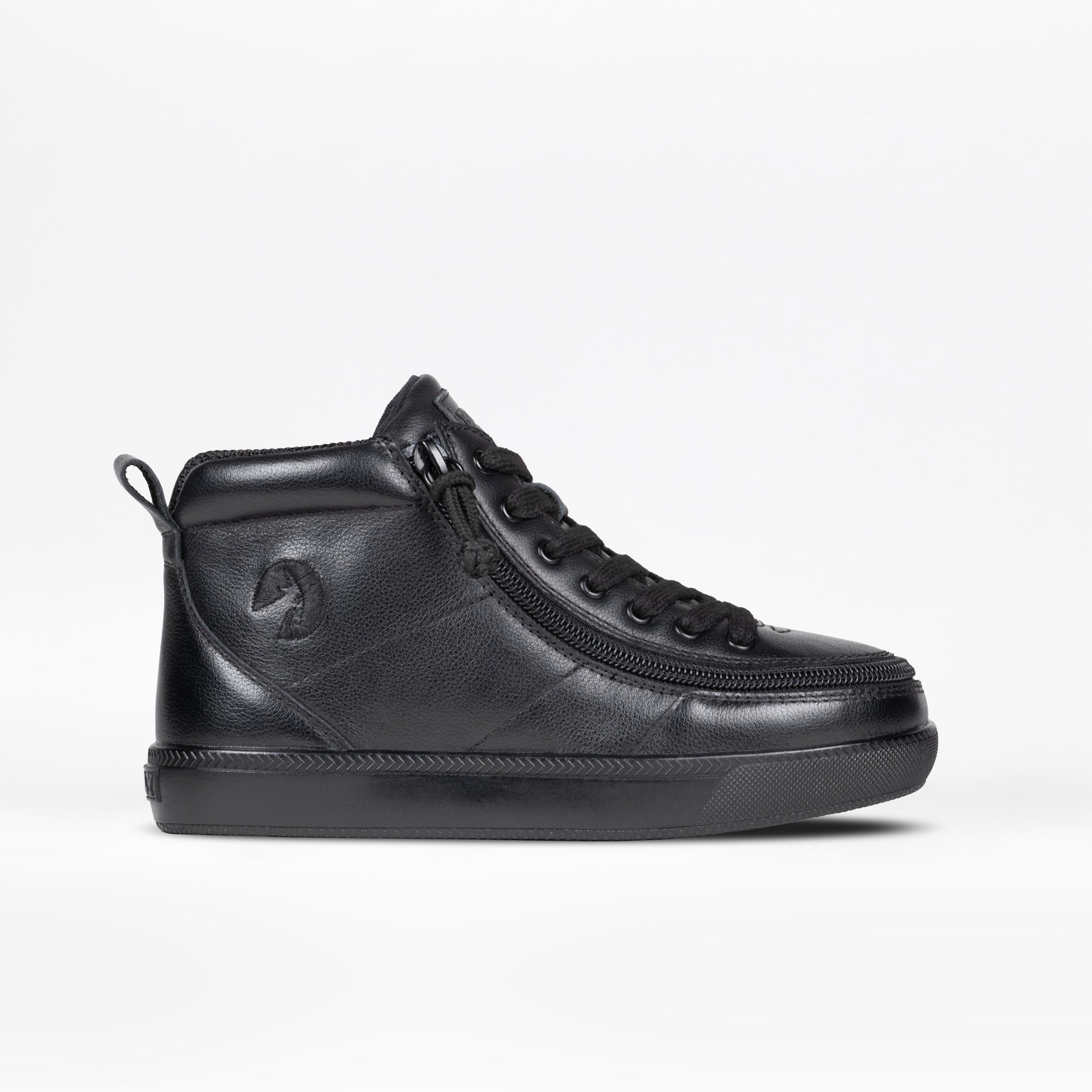 Black high-top sneaker with a brand logo on a white background