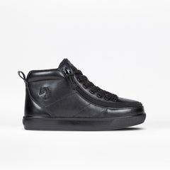 Black high-top sneaker with a brand logo on a white background