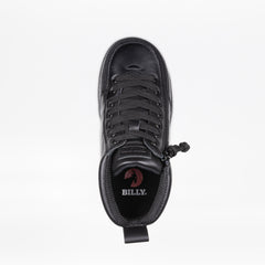 A top-down view of a black leather high-top sneaker by Billy, featuring black laces, a black pull tab, and the brand logo printed on the tongue.
