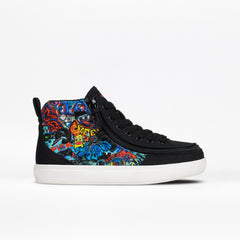 Black high-top sneaker with colorful graffiti design on a white background