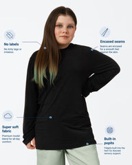 Woman wearing a black long-sleeve shirt with text highlighting features on a white background