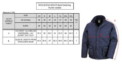 Size guide for R215 & R216 Adults Back Fastening Hunter Jackets. Includes a navy quilted jacket image with arrows showing how to measure chest (A – across the front, 2cm below underarm) and sleeve length (B – from shoulder seam). Size chart in centimetres lists measurements for XS to 3XL, with UK chest sizes ranging from 36" to 52", and Euro sizes from 46 to 62.