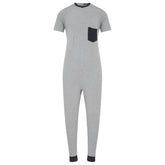 Gray onesie with a black pocket on a white background
