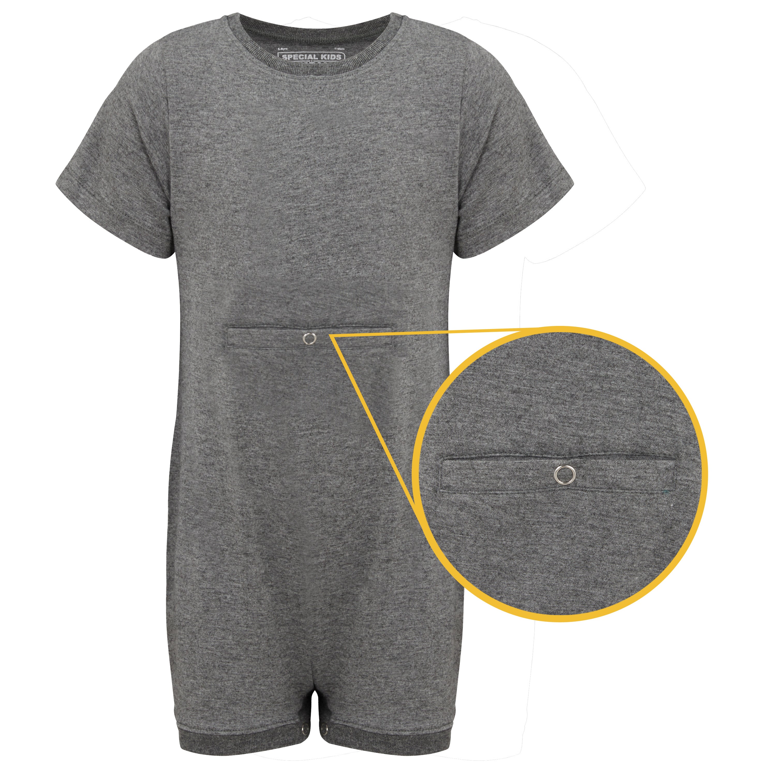 Gray romper with a close-up of the peg feed access on a white background