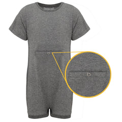Gray romper with a close-up of the peg feed access on a white background