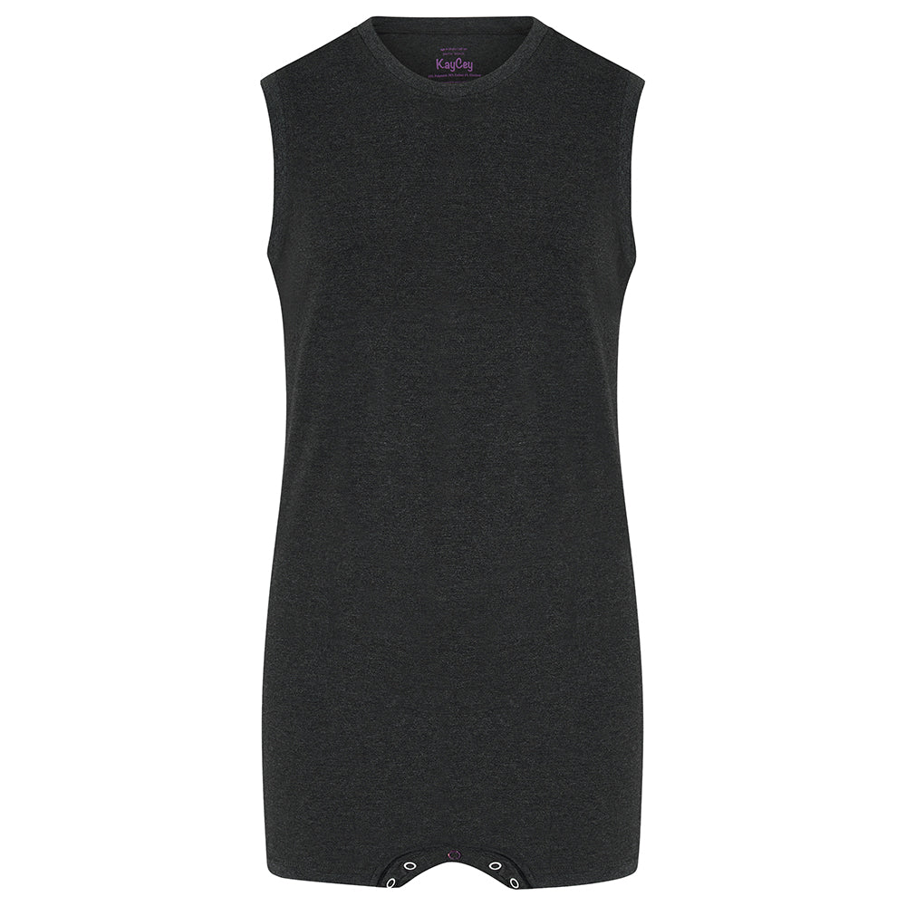 A dark charcoal gray sleeveless bodysuit or long tank top with snap closures at the crotch, shown against a plain white background.