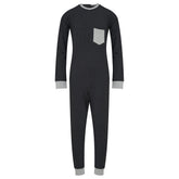 Navy blue onesie with gray trim on a white background