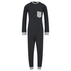 Navy blue onesie with gray trim on a white background