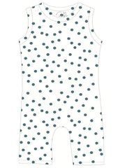 White sleeveless romper with blue polka dots on a white background