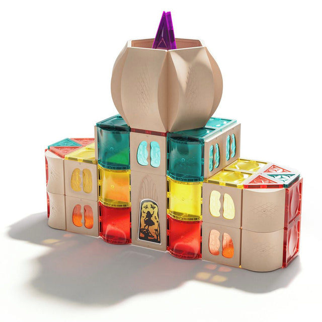 Colorful building block set with transparent and solid blocks on a white background