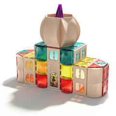 Colorful building block set with transparent and solid blocks on a white background
