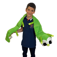 boy with weighted caterpillar round his neck