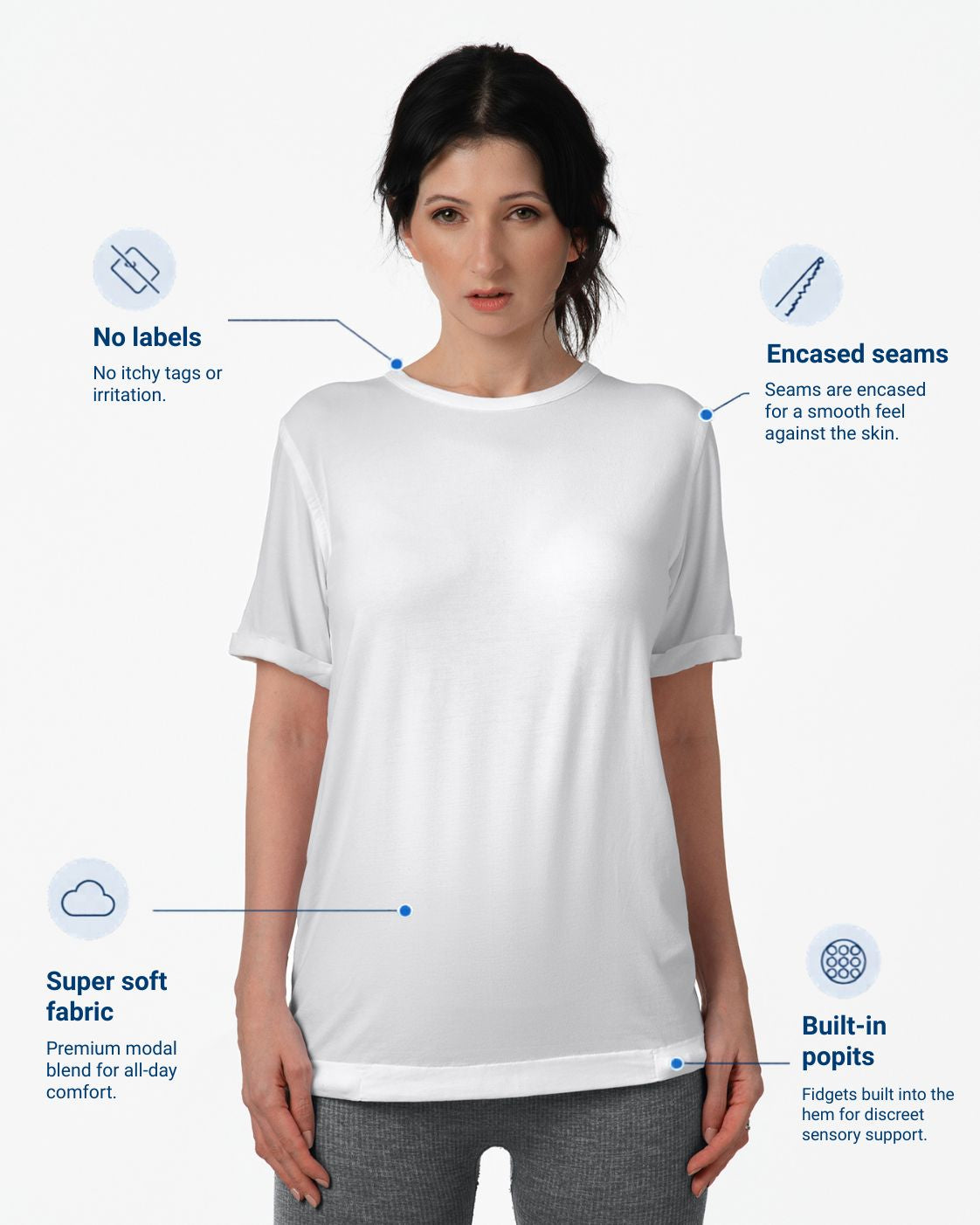 Woman wearing a white t-shirt with text highlighting features like no labels, encased seams, super soft fabric, and built-in popits.