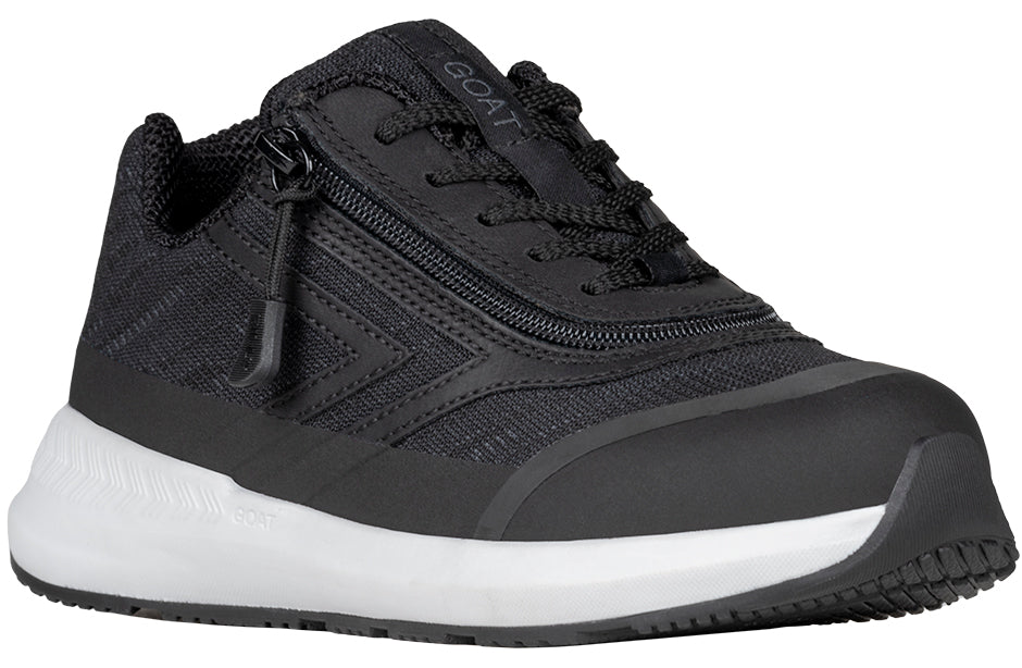 A black safety shoe with a white midsole, featuring a side zipper, lace-up front, and protective toe cap, shown against a plain white background.