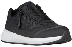 A black safety shoe with a white midsole, featuring a side zipper, lace-up front, and protective toe cap, shown against a plain white background.