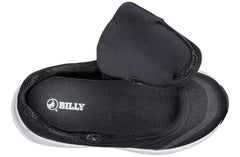 Black sandal with white sole and 'BILLY' logo on a white background