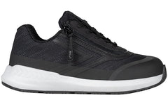 Black athletic shoe with white sole on a white background
