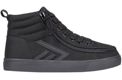 Black high-top sneaker with a zipper on a white background