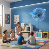 children watching 3d projector of a sharkl