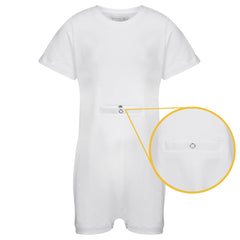 White romper with a close-up of a peg feed access button on a white background