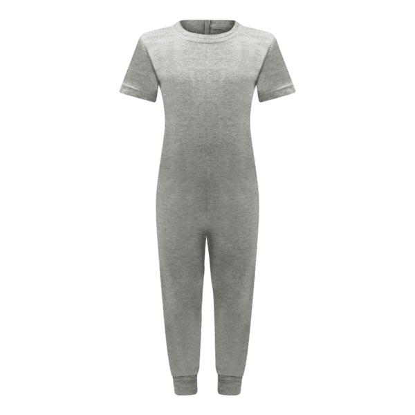 A light gray short-sleeve one-piece jumpsuit with a crew neck and ribbed cuffs, shown against a plain white background.
