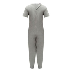 A light gray short-sleeve one-piece jumpsuit with a hood and front zipper, shown against a plain white background.