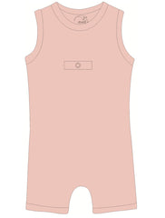 Pink sleeveless romper with peg feed access in salmon on a white background