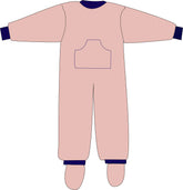 Pink onesie with navy cuffs and collar on a white background