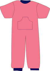 Pink onesie with a blue collar on a white background