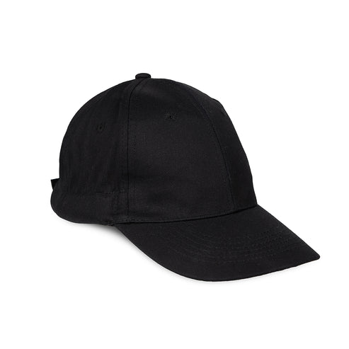 A classic black baseball cap with a curved brim, photographed from a three-quarters angle on a solid white background.
