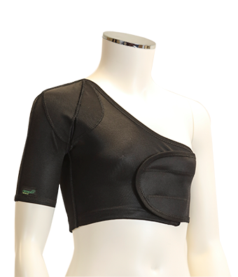 A black one-shoulder crop top with a short sleeve and a large oval front panel, displayed on a white mannequin torso against a white background.