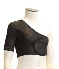 A black one-shoulder crop top with a short sleeve and a large oval front panel, displayed on a white mannequin torso against a white background.