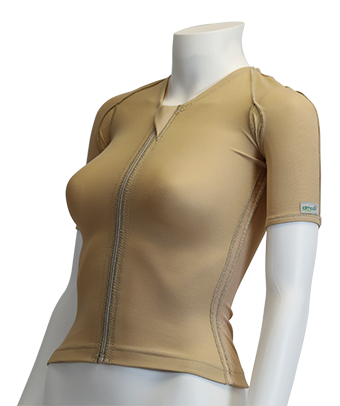 A beige short-sleeve compression vest with a front zipper, displayed on a white mannequin torso against a white background.