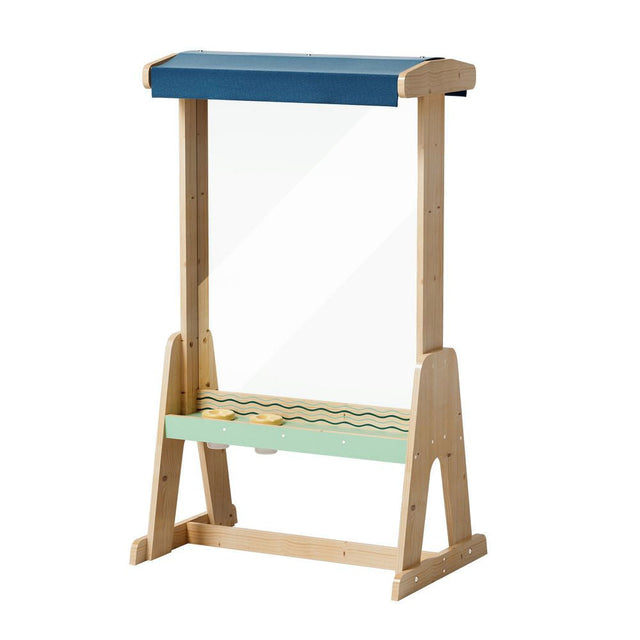 Wooden plant stand with blue top and green shelf on a white background