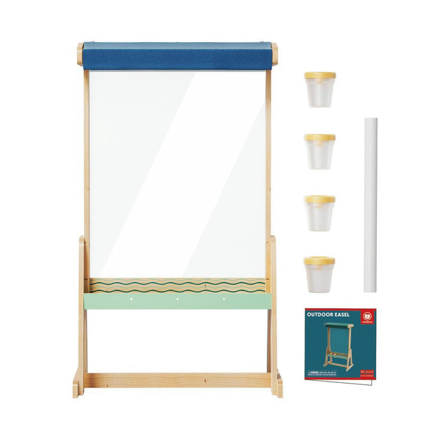 Wooden outdoor easel with a blue top and green bottom, accompanied by paint containers and a packaging box on a white background.