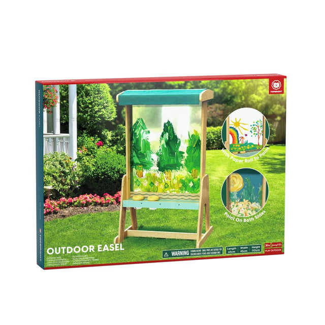 Outdoor Easel toy set in its retail packaging, featuring a wooden easel with a translucent green play garden and a teal canopy, shown on a white background.