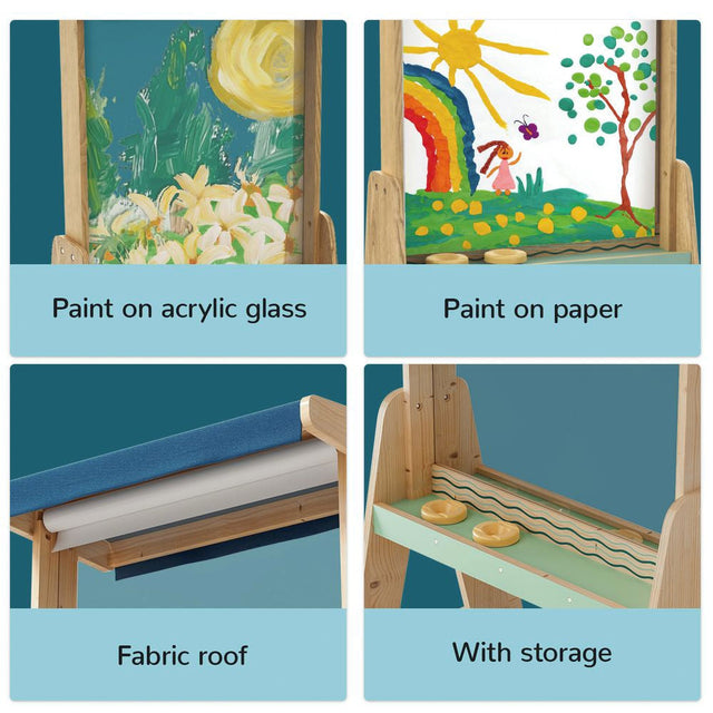 Four-panel product feature collage for a children's painting easel. Top-left shows artwork painted on acrylic glass, top-right shows artwork painted on paper, bottom-left highlights a blue fabric roof, and bottom-right shows storage shelves inside the easel.