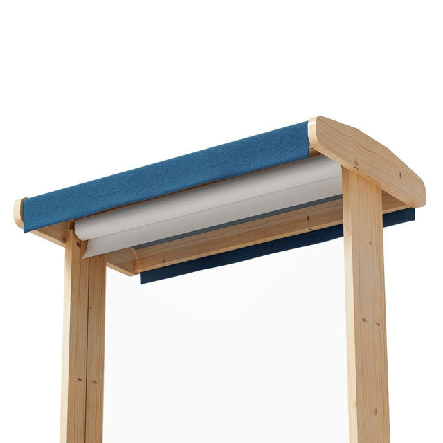 Wooden stand with a blue and white roller on a white background