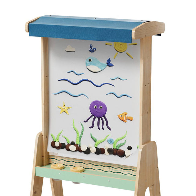 Children's wooden easel with ocean-themed magnetic board and accessories on a white background