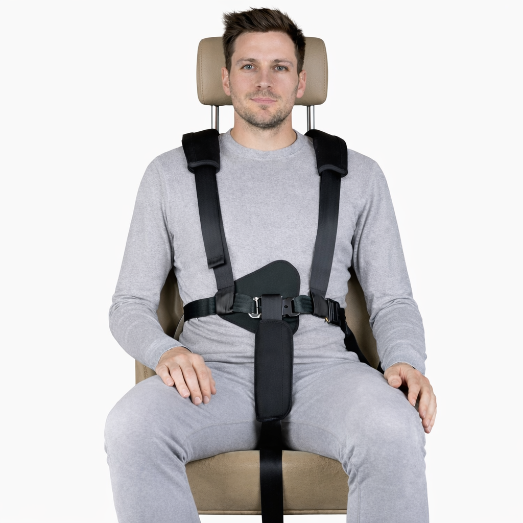 adult male in a 31b crelling car harness