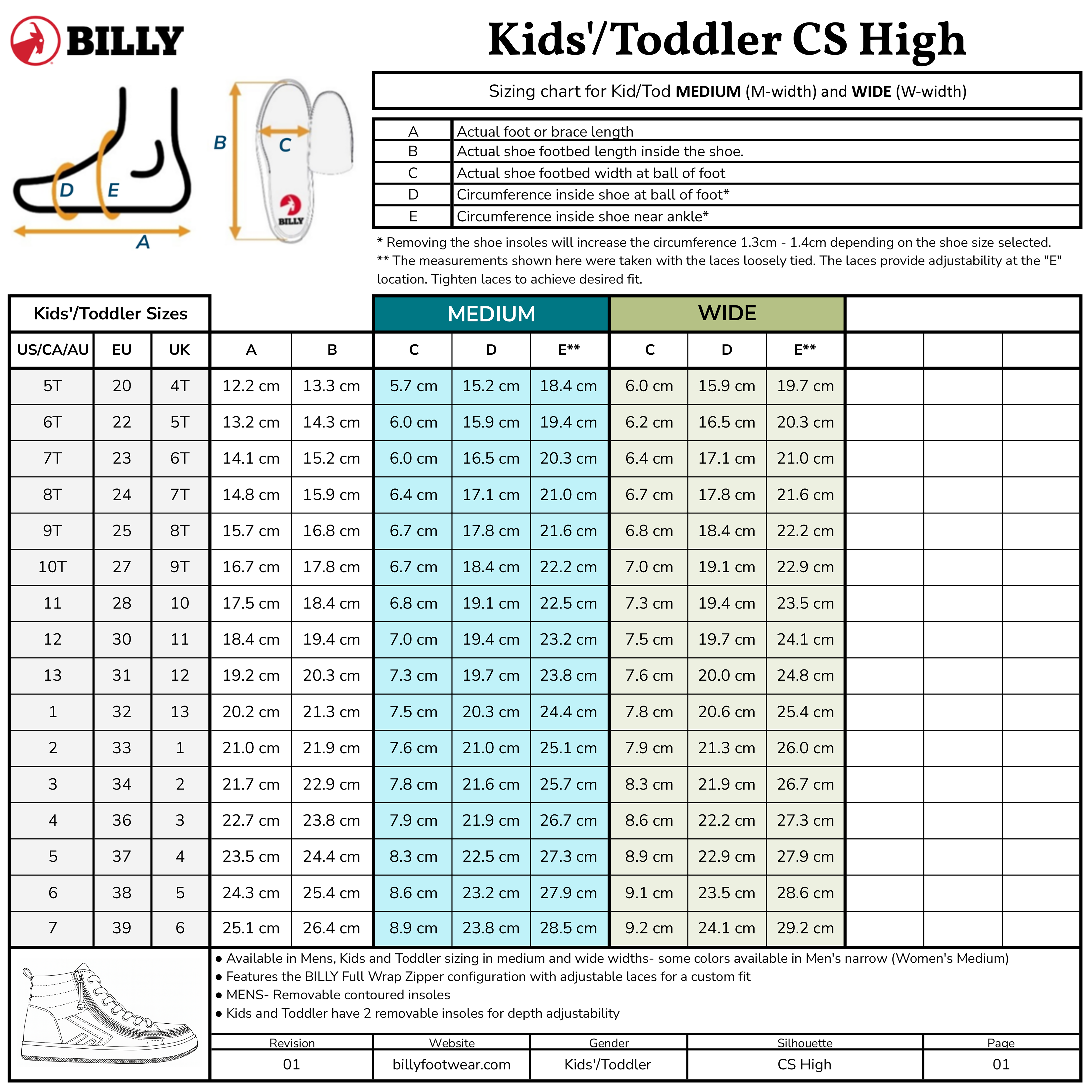 Billy Kids/Toddler CS High sizing chart with measurement details.