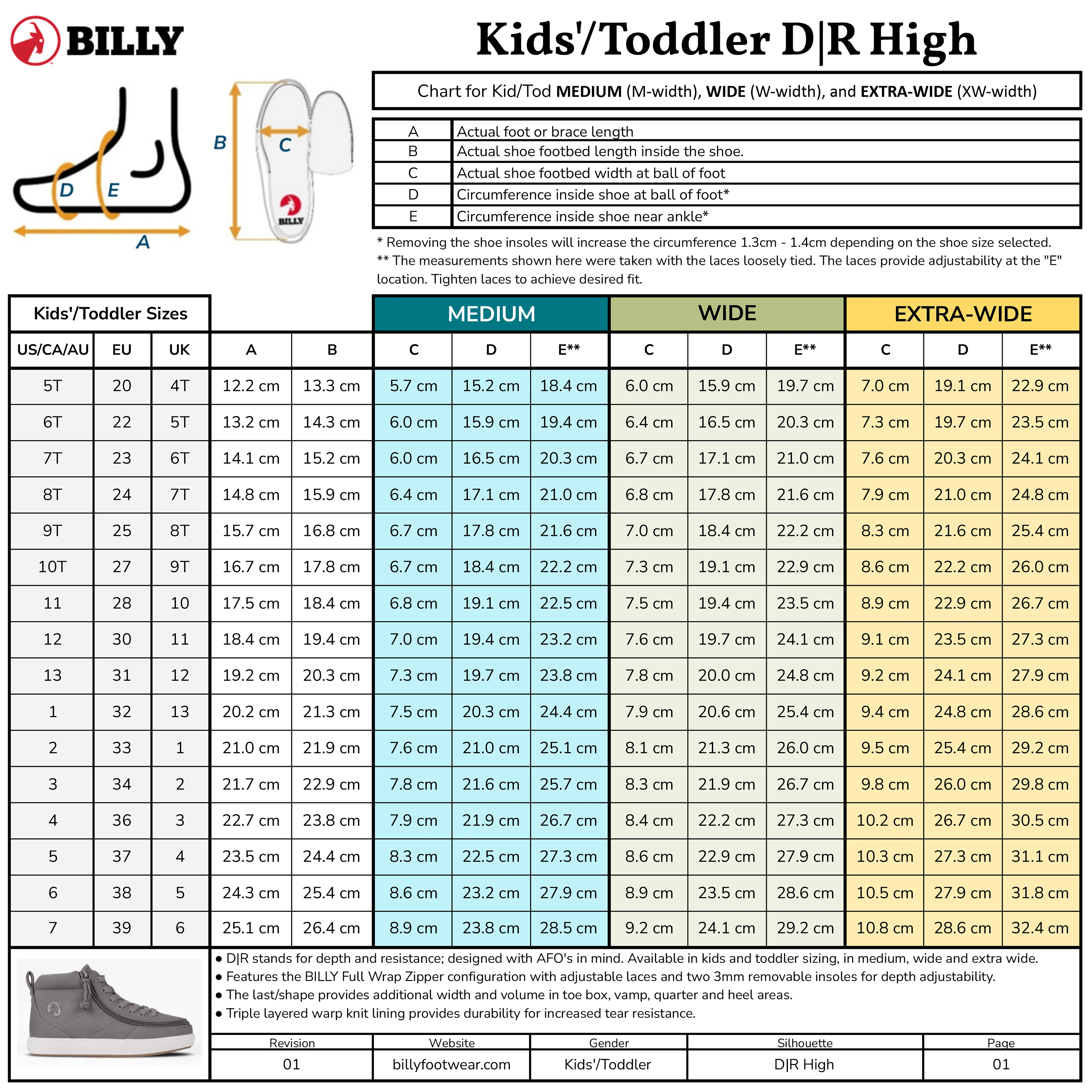 A Billy brand sizing chart for Kids/Toddler D/R High shoe width measurements, showing a table with UK, EU, US sizes, weight in kg, height in cm, and width columns for Medium, Wide, and Extra-Wide foot types, plus small line diagrams of shoe profiles.