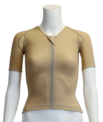 A beige short-sleeve zip-front top displayed on a white mannequin torso against a plain white background.
