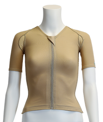 A beige short-sleeve zip-front top displayed on a white mannequin torso against a plain white background.