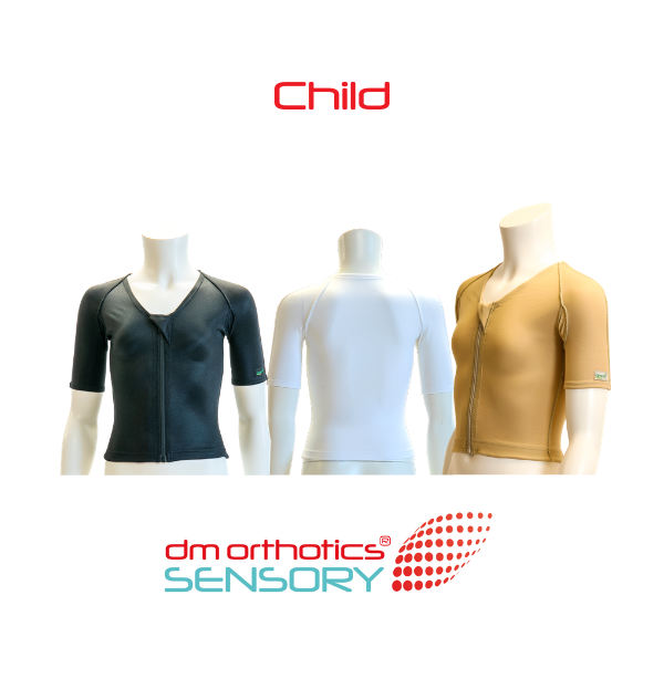 Three orthopedic short-sleeve compression vests displayed on mannequins against a white background, labeled 'Child' at the top and 'dm orthotics SENSORY' at the bottom. The vests are shown in black, white, and tan.