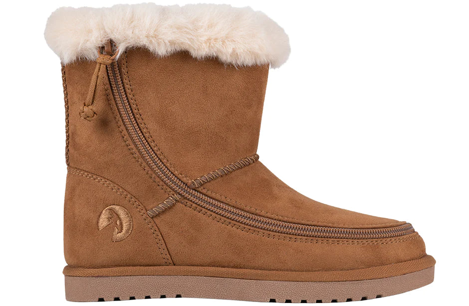 Brown suede boot with white fur lining on a white background