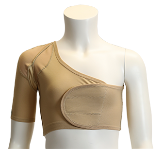 A beige one-shoulder short-sleeve bra or nursing/shapewear top displayed on a white mannequin torso against a plain white background.