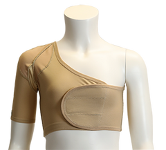 A beige one-shoulder short-sleeve bra or nursing/shapewear top displayed on a white mannequin torso against a plain white background.